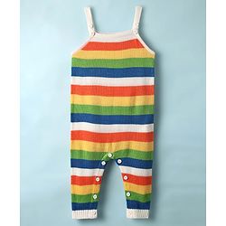 Babyhug Sweater Knit Winter Wear Striped Dungaree Styled Romper & Full Sleeves Inner Tee - Multicolor
