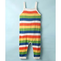 Babyhug Sweater Knit Winter Wear Striped Dungaree Styled Romper & Full Sleeves Inner Tee - Multicolor