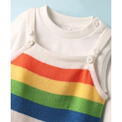 Babyhug Sweater Knit Winter Wear Striped Dungaree Styled Romper & Full Sleeves Inner Tee - Multicolor