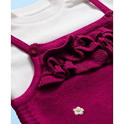 Babyhug Sweater Knit Winter Wear Dungaree Style Romper & Full Sleeves Inner Tee with Floral Embroidery - Maroon