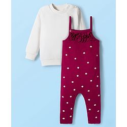 Babyhug Sweater Knit Winter Wear Dungaree Style Romper & Full Sleeves Inner Tee with Floral Embroidery - Maroon