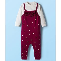 Babyhug Sweater Knit Winter Wear Dungaree Style Romper & Full Sleeves Inner Tee with Floral Embroidery - Maroon
