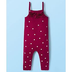 Babyhug Sweater Knit Winter Wear Dungaree Style Romper & Full Sleeves Inner Tee with Floral Embroidery - Maroon