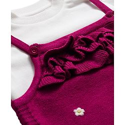 Babyhug Sweater Knit Winter Wear Dungaree Style Romper & Full Sleeves Inner Tee with Floral Embroidery - Maroon