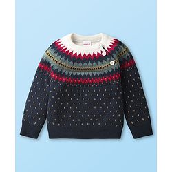 Babyhug Knit Full Raglan Sleeves Pullover Sweater with chevron Design - Navy Blue