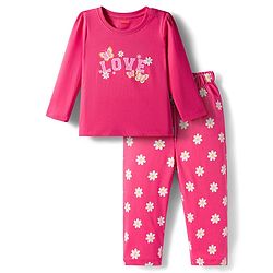 Babyhug Cotton Knit Full Sleeves Night Suit With Floral & Text Print - Pink