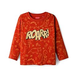 Babyhug Cotton Knit Full Sleeves Co-ords Night Suit with Dino Print - Red