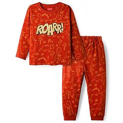 Babyhug Cotton Knit Full Sleeves Co-ords Night Suit with Dino Print - Red