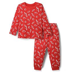 Babyhug Cotton Knit Full Sleeve Co-Ord Night Suit with Thunderbolt Print - Red