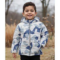 Babyhug Woven Full Sleeves Hooded Padded Jacket  With Abstract Print - Blue & White