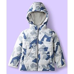 Babyhug Woven Full Sleeves Hooded Padded Jacket  With Abstract Print - Blue & White