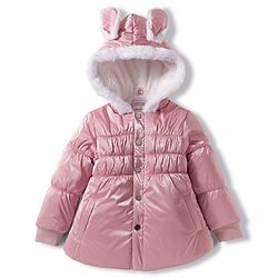 Babyhug Woven Full Sleeves Solid Color Hooded Padded Winter Jacket with Ear Applique - Pink