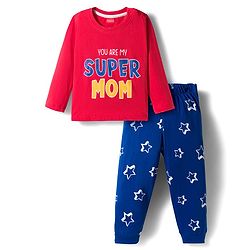 Babyhug Cotton Knit Full Sleeves Night Suit With Super Mom Text Print - Red & Blue