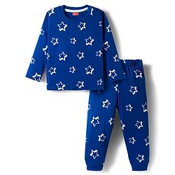 Babyhug Cotton Knit Full Sleeves Co-ords Night Suit With Star Print - Blue