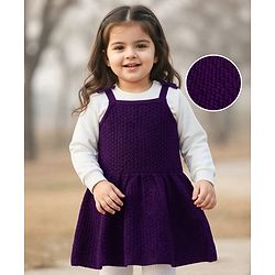 Babyhug Knitted Solid Woollen Dress & Full Sleeves Inner Tee - Purple & White
