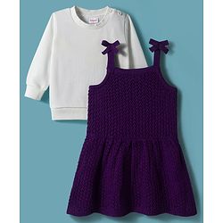Babyhug Knitted Solid Woollen Dress & Full Sleeves Inner Tee - Purple & White
