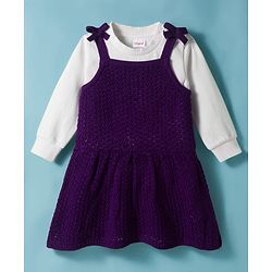 Babyhug Knitted Solid Woollen Dress & Full Sleeves Inner Tee - Purple & White