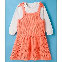 Babyhug Knitted Solid Woollen Dress & Full Sleeves Inner Tee - Purple & White