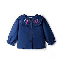 Babyhug  Denim Woven Full Sleeves Washed Peter Pan Collar Top with Embroidery - Navy Blue