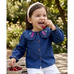 Babyhug  Denim Woven Full Sleeves Washed Peter Pan Collar Top with Embroidery - Navy Blue