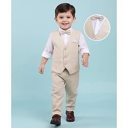 Babyhug Premium Linen Woven Full Sleeves Solid Party Suit With Bow - Beige