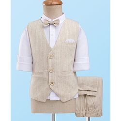 Babyhug Premium Linen Woven Full Sleeves Solid Party Suit With Bow - Beige