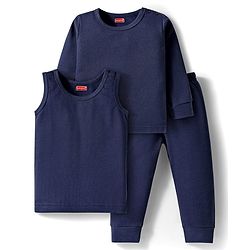 Babyhug Knit Full Sleeves Solid Colour Thermal Inner Wear Set - Navy Blue