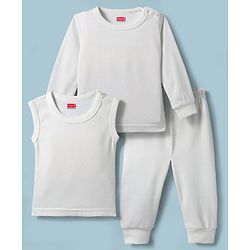 Babyhug Knit Full Sleeves Solid Color Pullover & Sleeveless Thermal Vest & Pant Set - Offwhite