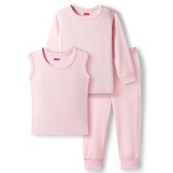Babyhug Knit Full Sleeves Solid Color Pullover & Sleeveless Thermal Vest & Pant Set - Pink