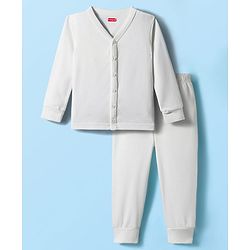 Babyhug Knit Full Sleeves Front Open Solid Thermal Set - Off White