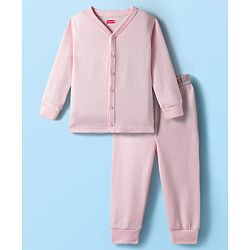 Babyhug Knit Full Sleeves Front Open Solid Thermal Set - Pink