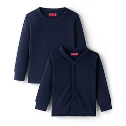 Babyhug Knit Full Sleeves Solid Thermal Inner Wear Front Open & Pullover Vest Pack of 2 - Navy Blue