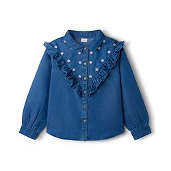 Babyhug Denim Woven Full Sleeves Floral Embroidered Top with Frill Detailing - Navy Blue