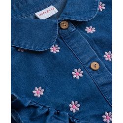 Babyhug Denim Woven Full Sleeves Floral Embroidered Top with Frill Detailing - Navy Blue
