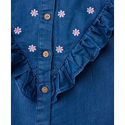 Babyhug Denim Woven Full Sleeves Floral Embroidered Top with Frill Detailing - Navy Blue