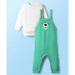 Babyhug Knit Winter Wear Romper & Full Sleeves Inner Tee With Teddy Bear Embroidery - Aqua Blue & White