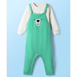 Babyhug Knit Winter Wear Romper & Full Sleeves Inner Tee With Teddy Bear Embroidery - Aqua Blue & White