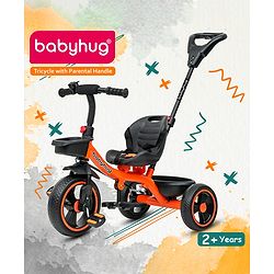 Babyhug Tricycle with Parental Push Handle-Orange| Safety Harness| Foldable Footrest| Storage Baskets| Anti-Slip Pedals| Adjustable Push Bar| Puncture Proof Wheels| Comfortable Seat| High Backrest