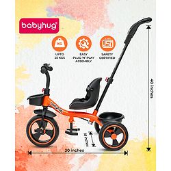Babyhug Tricycle with Parental Push Handle-Orange| Safety Harness| Foldable Footrest| Storage Baskets| Anti-Slip Pedals| Adjustable Push Bar| Puncture Proof Wheels| Comfortable Seat| High Backrest