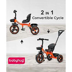 Babyhug Tricycle with Parental Push Handle-Orange| Safety Harness| Foldable Footrest| Storage Baskets| Anti-Slip Pedals| Adjustable Push Bar| Puncture Proof Wheels| Comfortable Seat| High Backrest
