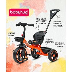 Babyhug Tricycle with Parental Push Handle-Orange| Safety Harness| Foldable Footrest| Storage Baskets| Anti-Slip Pedals| Adjustable Push Bar| Puncture Proof Wheels| Comfortable Seat| High Backrest