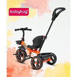 Babyhug Tricycle with Parental Push Handle-Orange| Safety Harness| Foldable Footrest| Storage Baskets| Anti-Slip Pedals| Adjustable Push Bar| Puncture Proof Wheels| Comfortable Seat| High Backrest