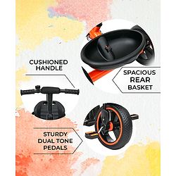 Babyhug Tricycle with Parental Push Handle-Orange| Safety Harness| Foldable Footrest| Storage Baskets| Anti-Slip Pedals| Adjustable Push Bar| Puncture Proof Wheels| Comfortable Seat| High Backrest