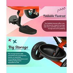 Babyhug Tricycle with Parental Push Handle-Orange| Safety Harness| Foldable Footrest| Storage Baskets| Anti-Slip Pedals| Adjustable Push Bar| Puncture Proof Wheels| Comfortable Seat| High Backrest