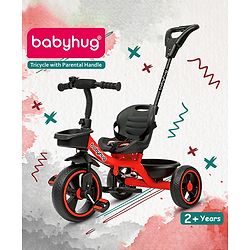 Babyhug Tricycle with Parental Push Handle-Red| Safety Harness| Foldable Footrest| Storage Baskets| Anti-Slip Pedals| Adjustable Push Bar| Puncture Proof Wheels| Comfortable Seat| High Backrest