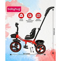 Babyhug Tricycle with Parental Push Handle-Orange| Safety Harness| Foldable Footrest| Storage Baskets| Anti-Slip Pedals| Adjustable Push Bar| Puncture Proof Wheels| Comfortable Seat| High Backrest