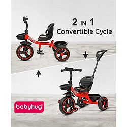 Babyhug Tricycle with Parental Push Handle-Red| Safety Harness| Foldable Footrest| Storage Baskets| Anti-Slip Pedals| Adjustable Push Bar| Puncture Proof Wheels| Comfortable Seat| High Backrest