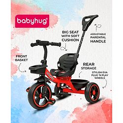 Babyhug Tricycle with Parental Push Handle-Red| Safety Harness| Foldable Footrest| Storage Baskets| Anti-Slip Pedals| Adjustable Push Bar| Puncture Proof Wheels| Comfortable Seat| High Backrest