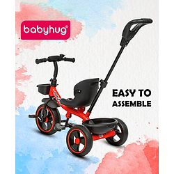 Babyhug Tricycle with Parental Push Handle-Red| Safety Harness| Foldable Footrest| Storage Baskets| Anti-Slip Pedals| Adjustable Push Bar| Puncture Proof Wheels| Comfortable Seat| High Backrest