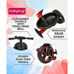Babyhug Tricycle with Parental Push Handle-Red| Safety Harness| Foldable Footrest| Storage Baskets| Anti-Slip Pedals| Adjustable Push Bar| Puncture Proof Wheels| Comfortable Seat| High Backrest